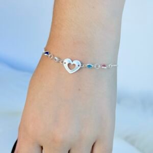 PULSEIRA EM PRATA 925 EM CRISTAIS COLORIDOS E PENDANT DE CORAÇÃO