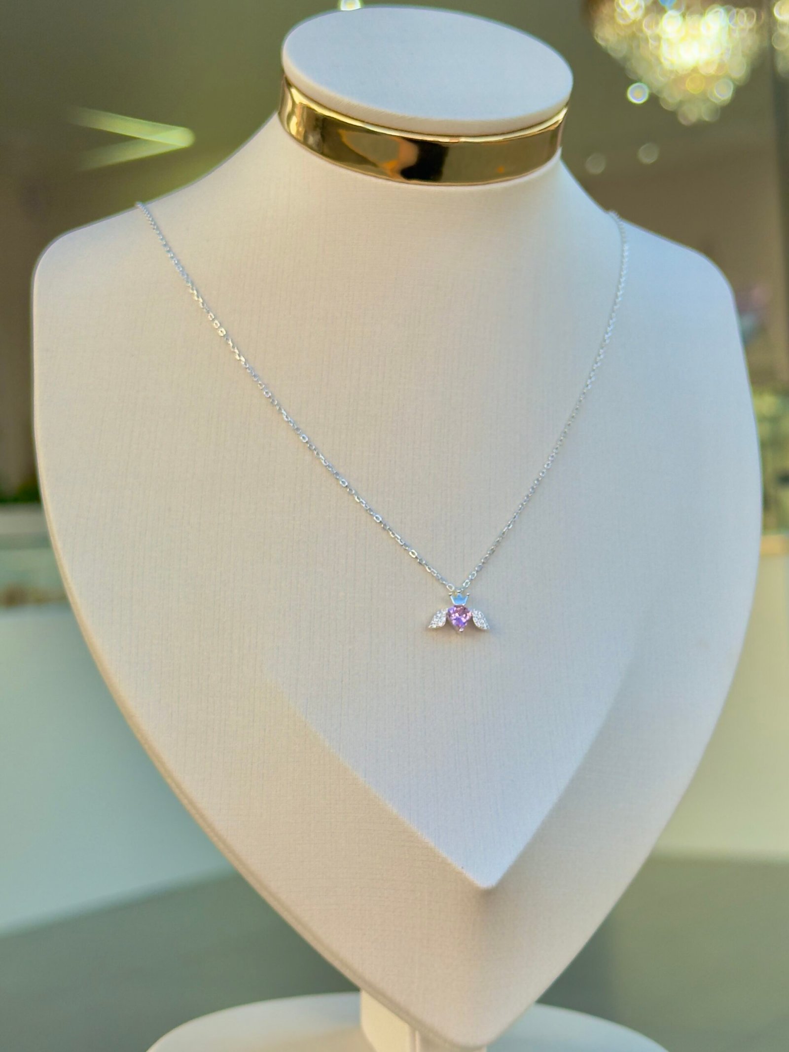 COLAR EM PRATA 925 PINGENTE CRISTAL CORAÇÃO ROSA