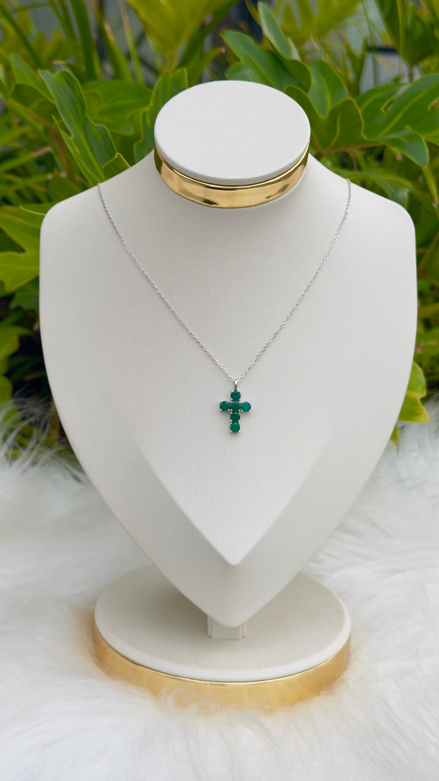 COLAR PRATA 925 CRUZ CRISTAL VERDE